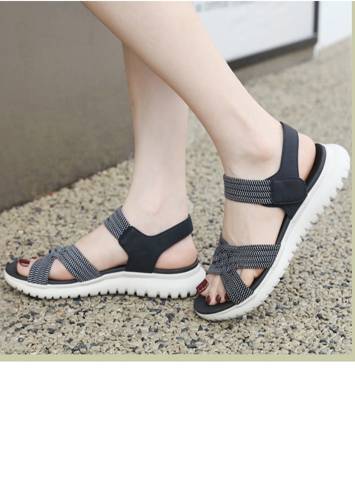 Women's Casual Sports Thick Soled Non Slip Sandals Rubber Band Upper Wedge Shoes  Black