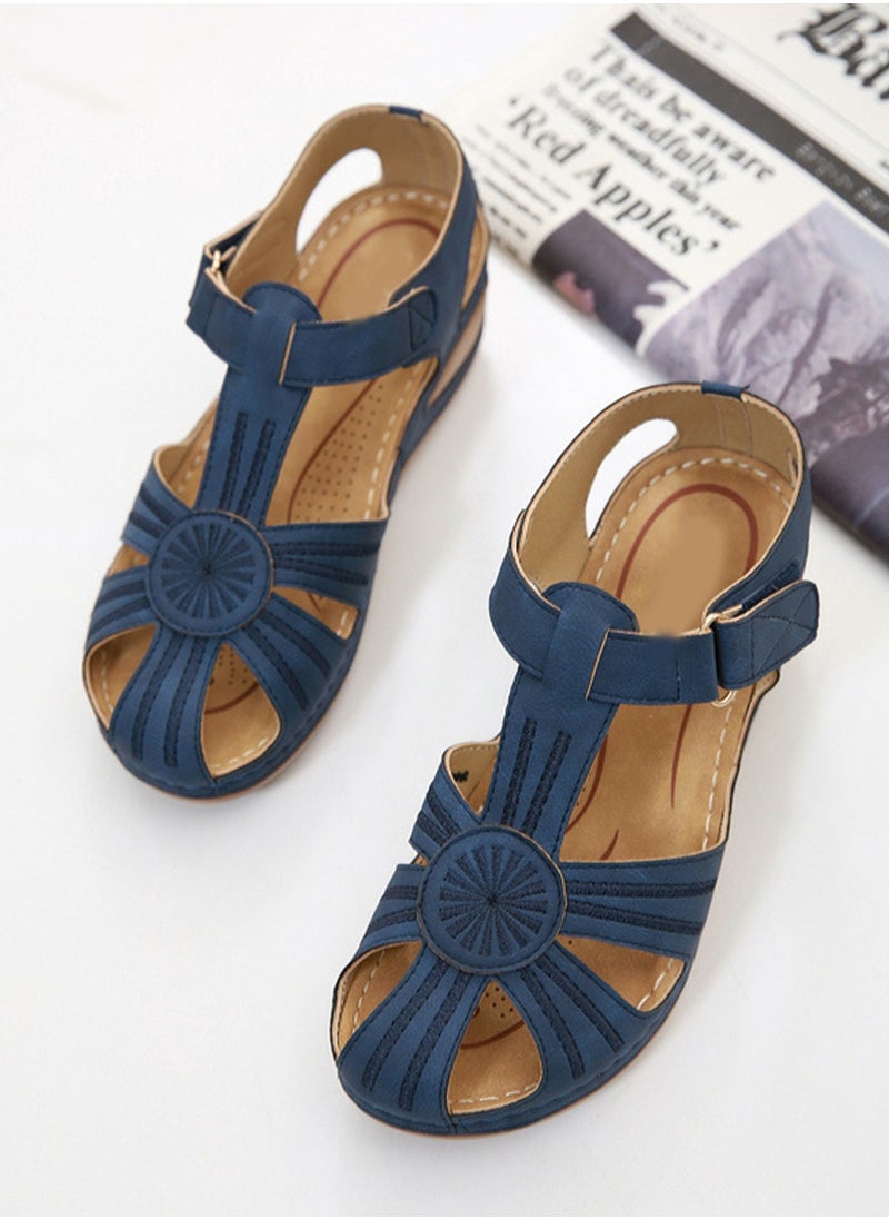 Women's Retro Thick Soled Non Slip Sandals Wedge Fisherman Shoes Navy Blue