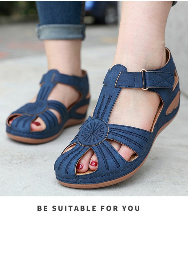 Women's Retro Thick Soled Non Slip Sandals Wedge Fisherman Shoes Navy Blue