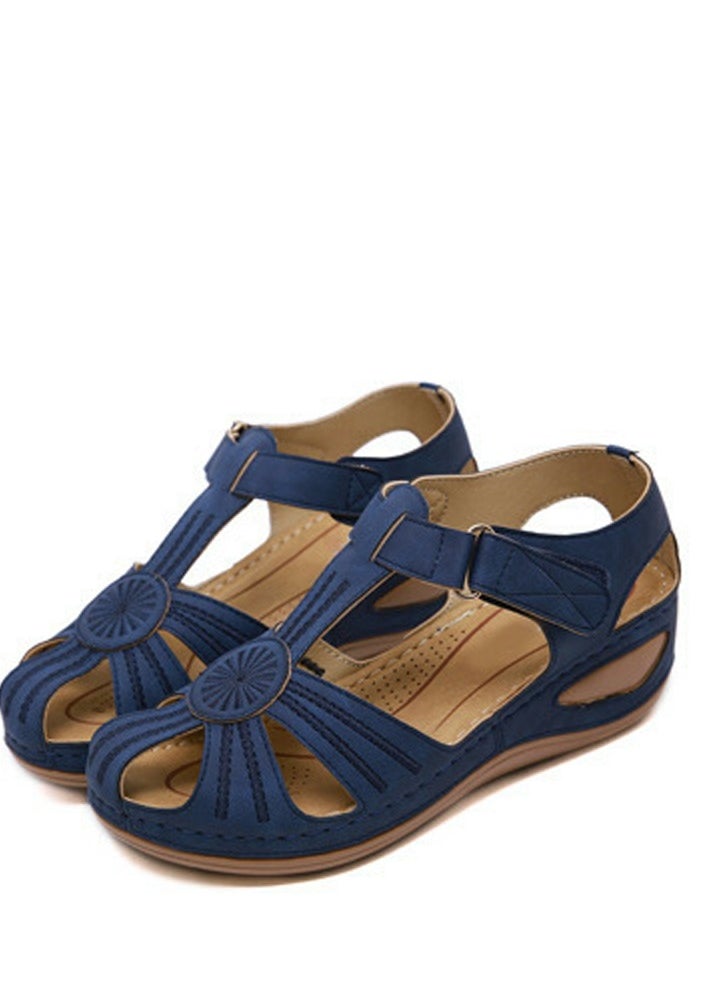 Women's Retro Thick Soled Non Slip Sandals Wedge Fisherman Shoes Navy Blue