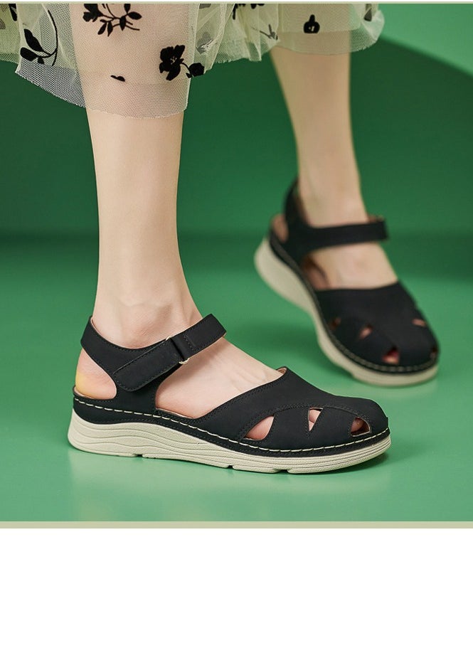 Women's Closed Toe Retro Thick Soled Non Slip Wedge Sandals Platform Shoes Black