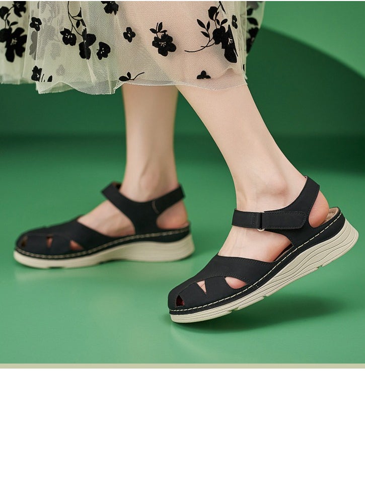 Women's Closed Toe Retro Thick Soled Non Slip Wedge Sandals Platform Shoes Black