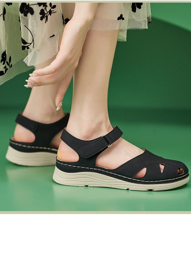 Women's Closed Toe Retro Thick Soled Non Slip Wedge Sandals Platform Shoes Black