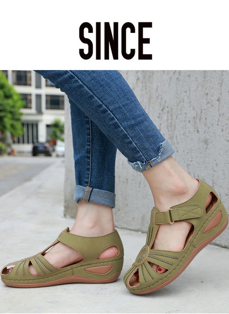 Women's Retro Thick Soled Non Slip Sandals Wedge Fisherman Shoes Green