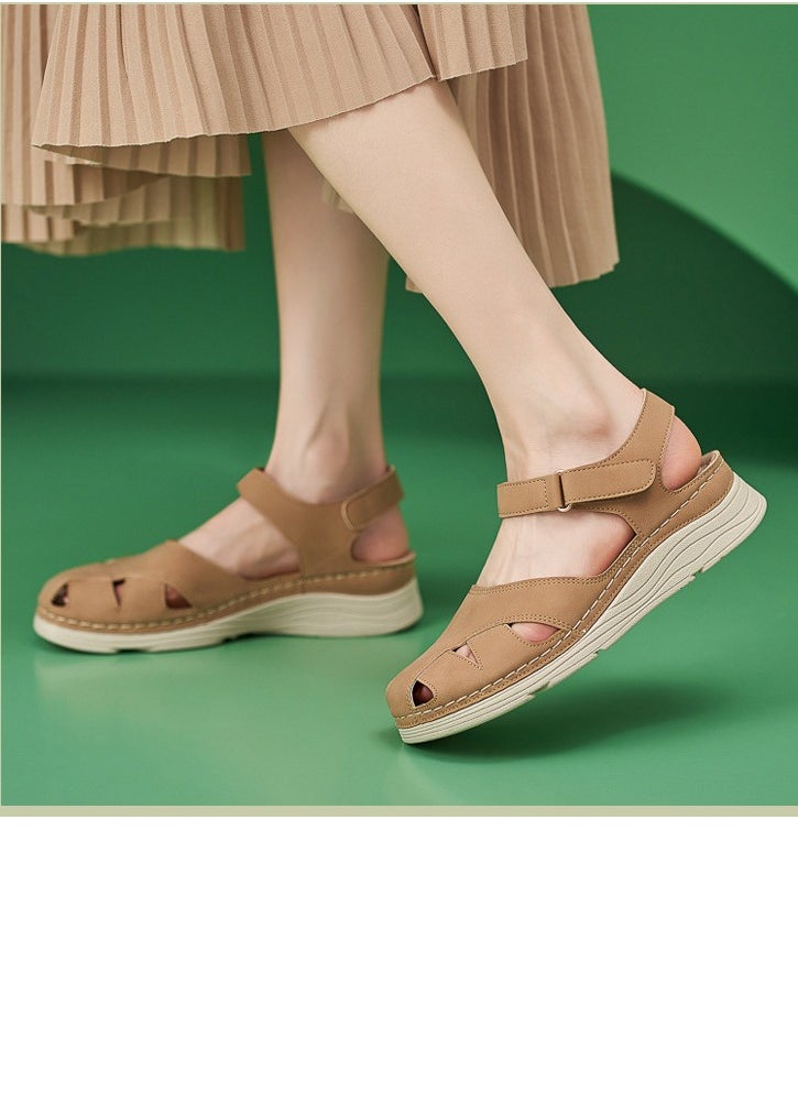 Women's Closed Toe Retro Thick Soled Non Slip Wedge Sandals Platform Shoes Brown