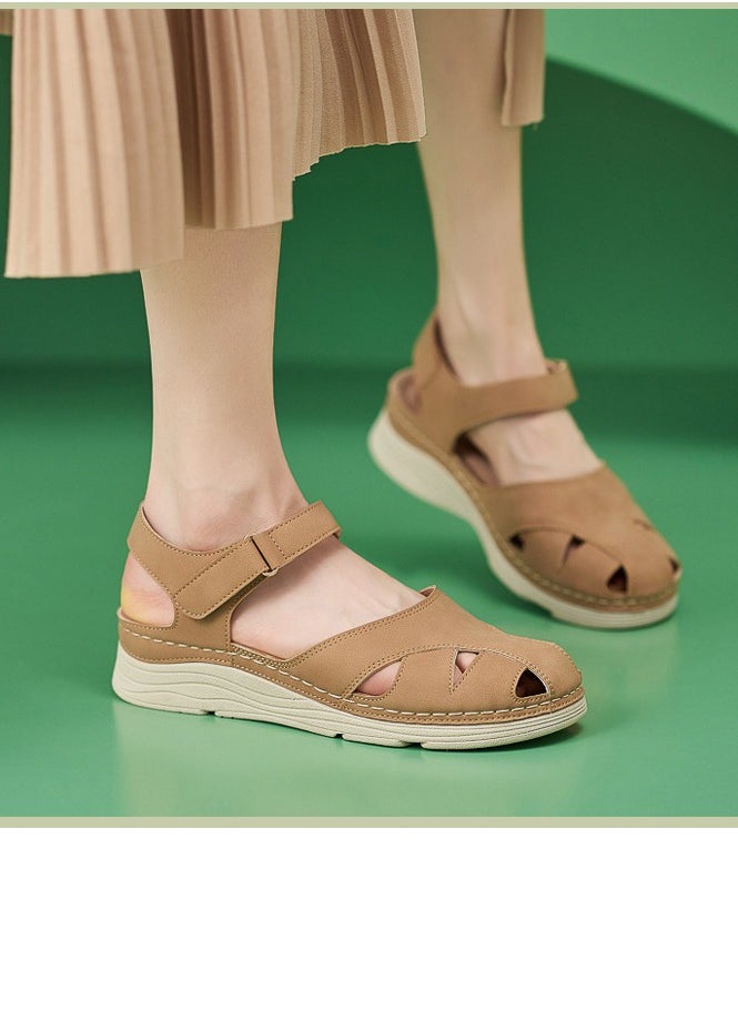 Women's Closed Toe Retro Thick Soled Non Slip Wedge Sandals Platform Shoes Brown