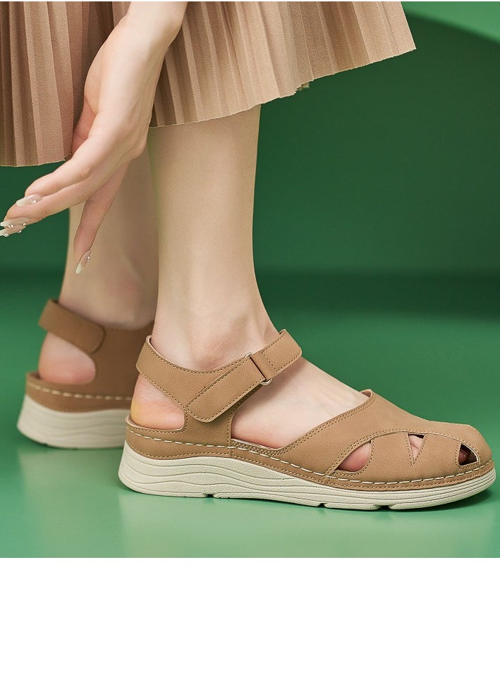 Women's Closed Toe Retro Thick Soled Non Slip Wedge Sandals Platform Shoes Brown