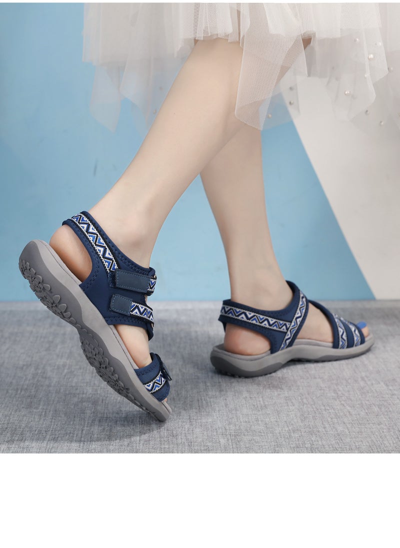 Women's Printed Casual Sports Thick Soled Non Slip Sandals Platform Shoes Navy Blue Print