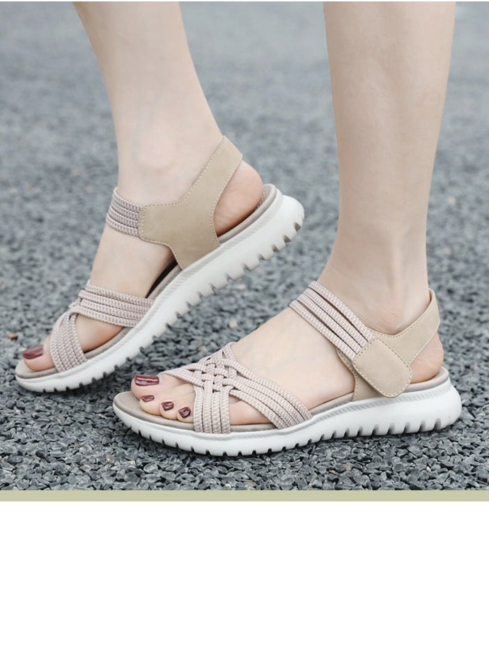 Women's Casual Sports Thick Soled Non Slip Sandals Rubber Band Upper Wedge Shoes  Beige