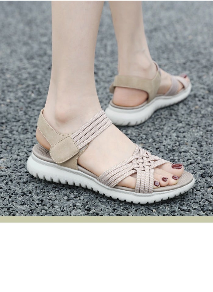 Women's Casual Sports Thick Soled Non Slip Sandals Rubber Band Upper Wedge Shoes  Beige