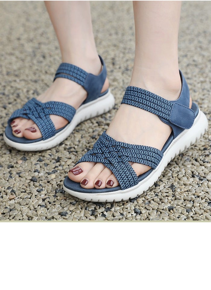 Women's Casual Sports Thick Soled Non Slip Sandals Rubber Band Upper Wedge Shoes Dark Blue