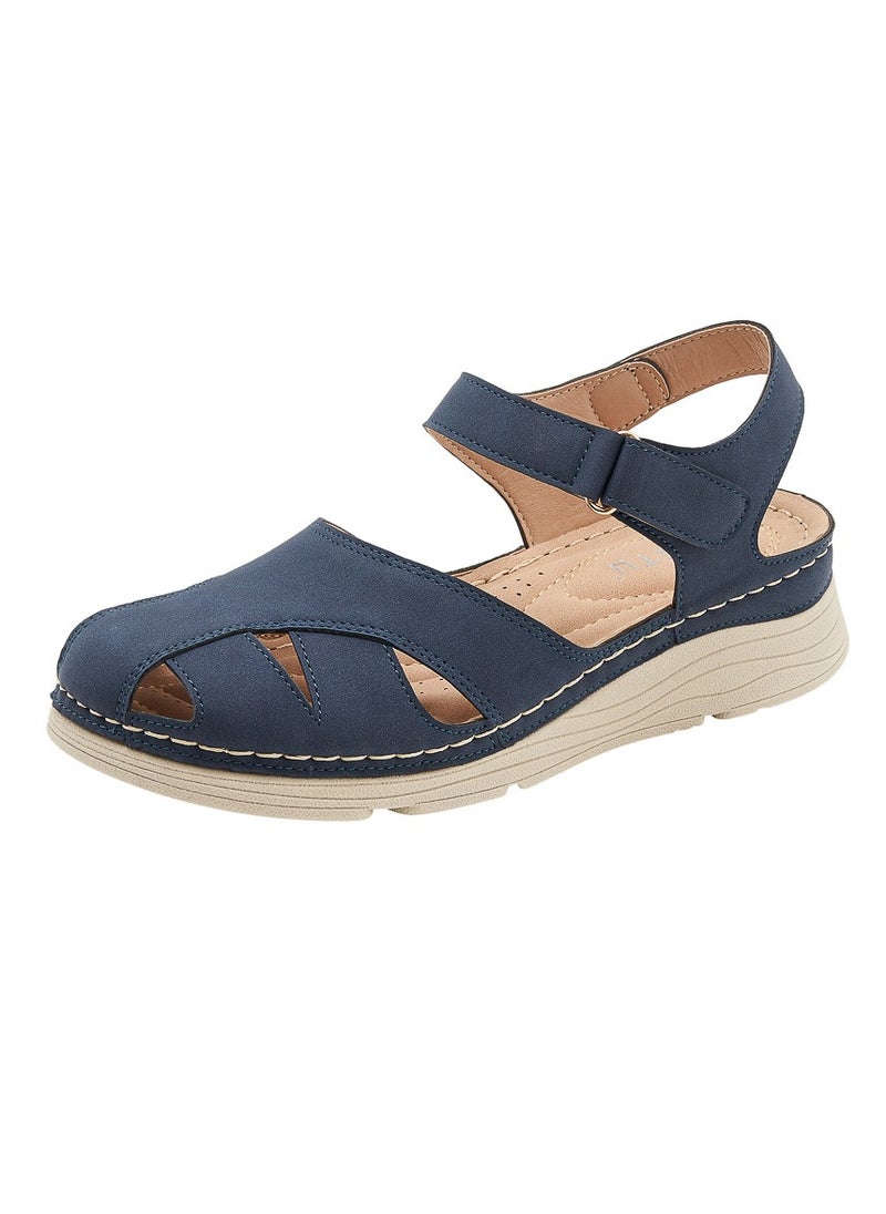 Women's Closed Toe Retro Thick Soled Non Slip Wedge Sandals Platform Shoes Navy Blue