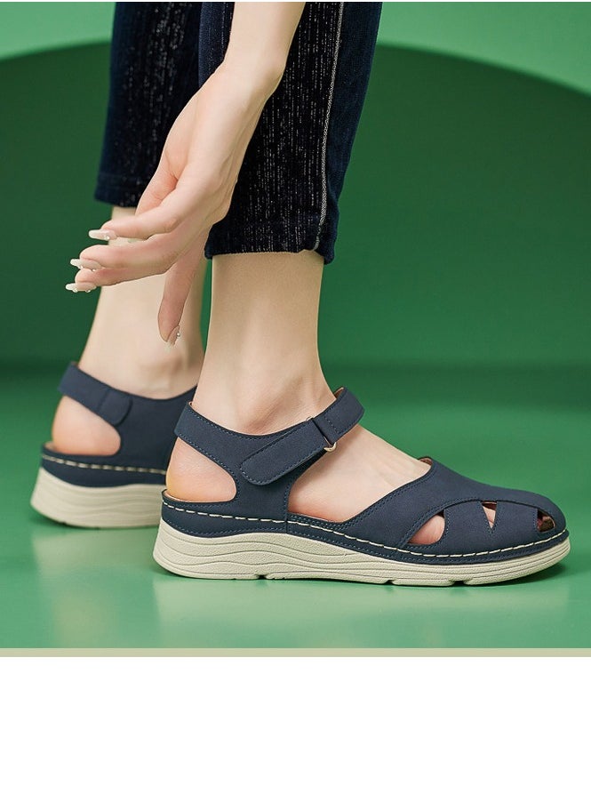 Women's Closed Toe Retro Thick Soled Non Slip Wedge Sandals Platform Shoes Navy Blue