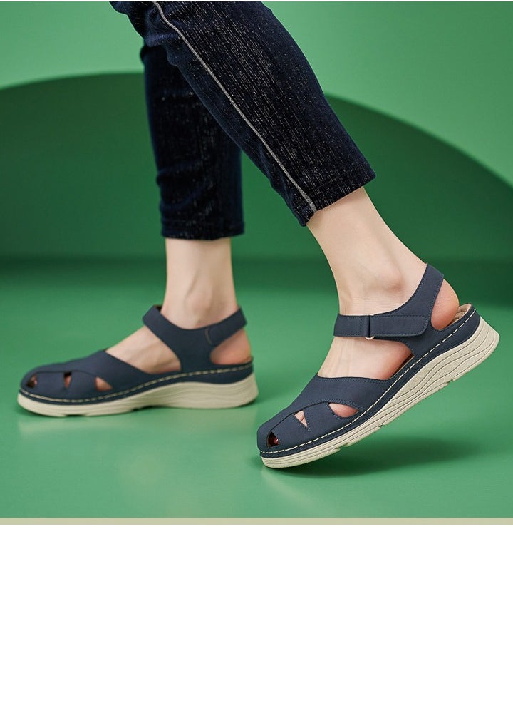 Women's Closed Toe Retro Thick Soled Non Slip Wedge Sandals Platform Shoes Navy Blue