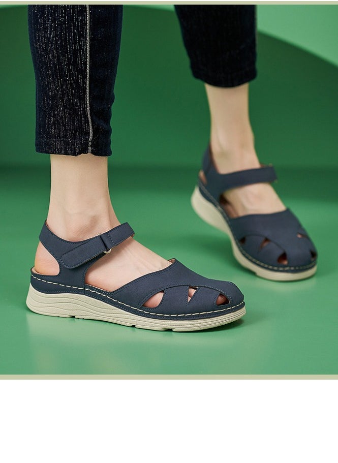 Women's Closed Toe Retro Thick Soled Non Slip Wedge Sandals Platform Shoes Navy Blue