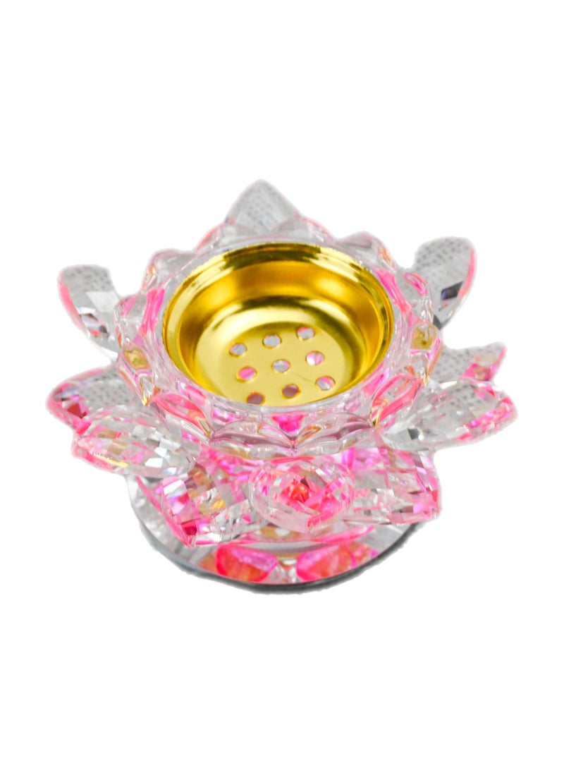 Sparkle Crystal Lotus Flower Incense Burner With Golden Tray For Ash, Pink Shade Crystal Bakhoor Burner, Crystal Lotus Flower Incense Stick Holder, Home Fragrance, Decorative Crystal Ornament - Pink