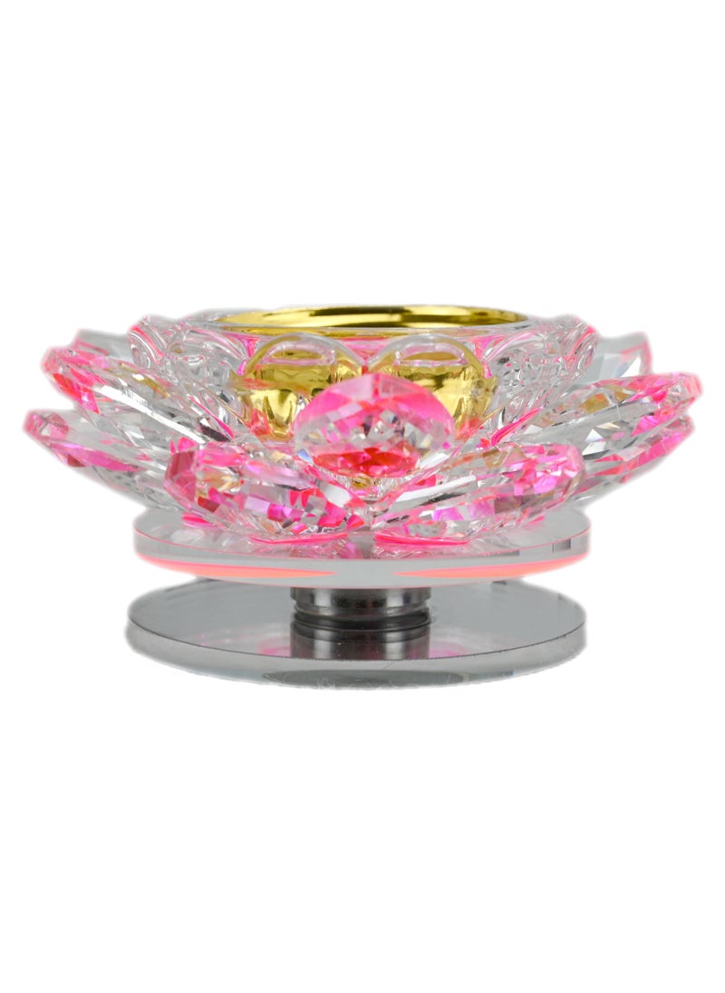 Sparkle Crystal Lotus Flower Incense Burner With Golden Tray For Ash, Pink Shade Crystal Bakhoor Burner, Crystal Lotus Flower Incense Stick Holder, Home Fragrance, Decorative Crystal Ornament - Pink