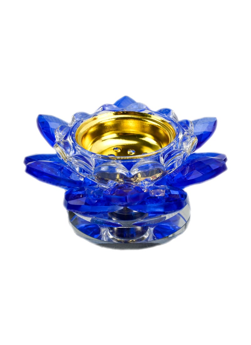 Blue Shade Crystal Incense Burner, Crystal Lotus Flower Incense Stick Holder, Crystal Blue Lotus Flower Bakhoor Burner with Golden Tray for Ash, Home Fragrance, Decorative Crystal Ornament - Blue