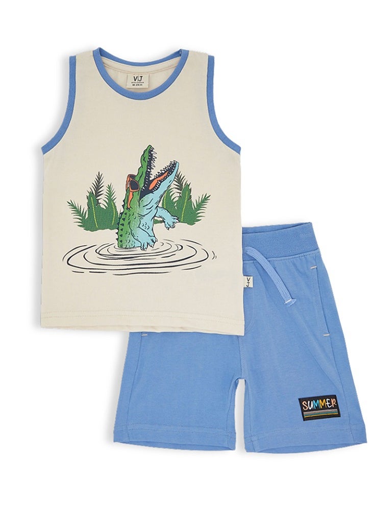 2-Piece Summer Outfit Set Cream & Blue for Baby Boys - Sleeveless T-Shirt & Shorts