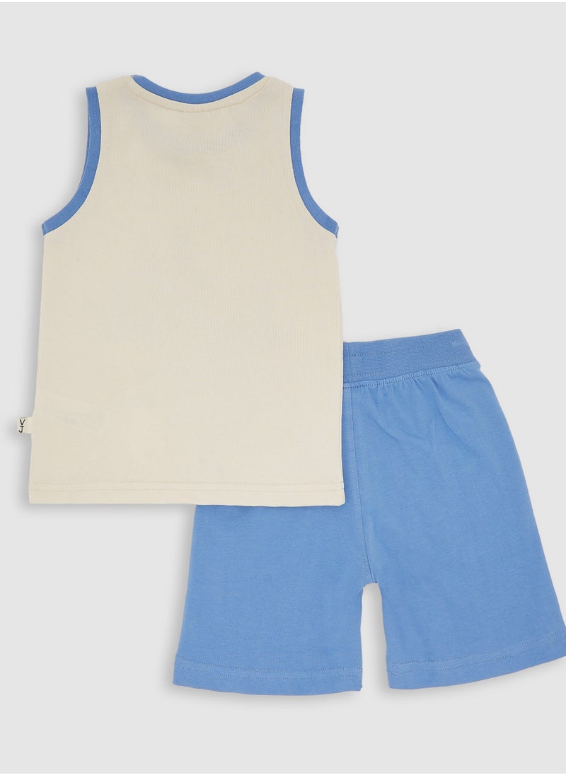 2-Piece Summer Outfit Set Cream & Blue for Baby Boys - Sleeveless T-Shirt & Shorts