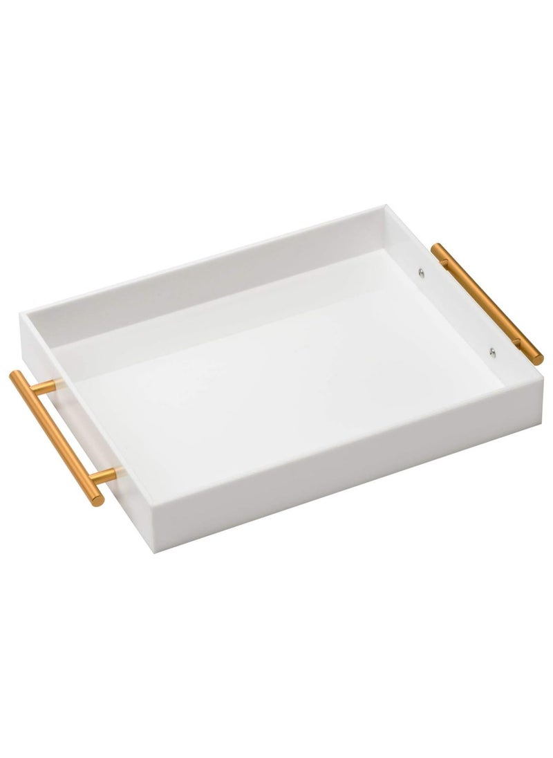 Glossy White Acrylic Lucite Serving Tray with Metal Handles,No Need to Assemble,11x14 Inch,Decorative Storage Organizer with Spill-Proof Design,Serving for Coffee,Breakfast,Dinner and More