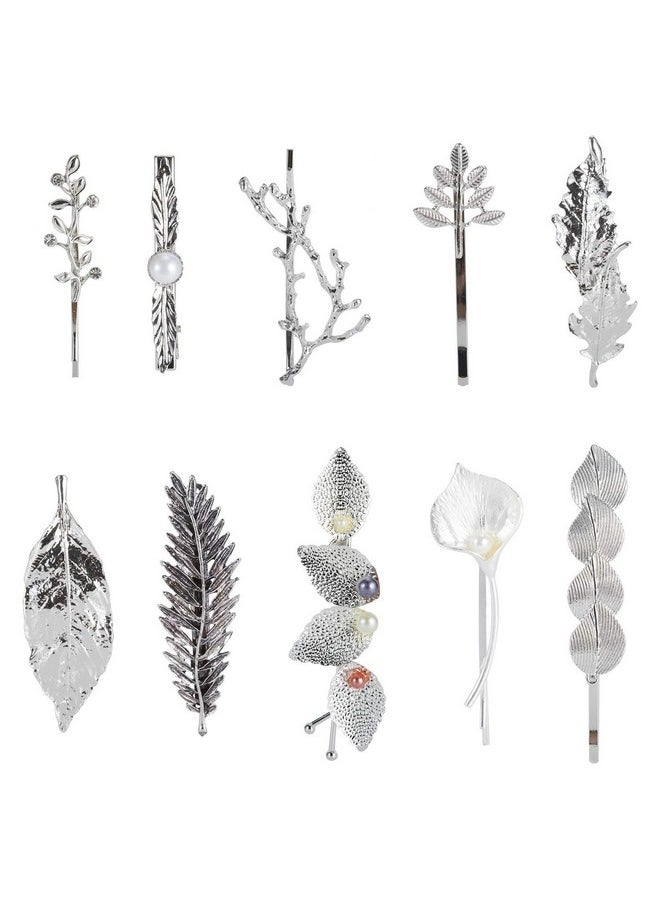 10 Pack Silver Vintage Retro Geometric Minimalist Branch Leaf Flower Metal Hair Clip Hairpin Snap Barrette Stick Claw Grip Clamp Bobby Pins Alligator Hairclips Party Hair Accessories For Women