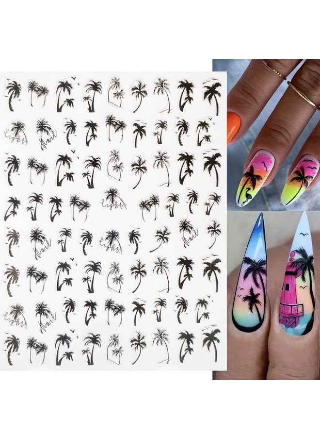 Summer Coconut Tree Nail Stickers Palm Tree Leaf Designer Nail Decals for Summer Nails Art Decorations Supplies 3D Self-Adhesive Black Gray Tropical Style Summer Nail Art Stickers for Women, 6Sheets