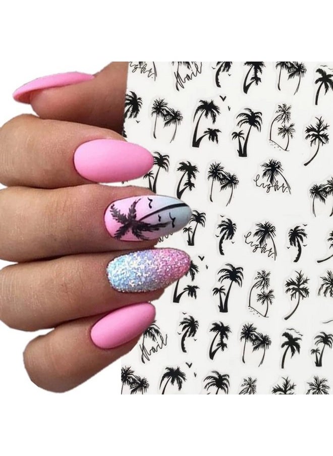 Summer Coconut Tree Nail Stickers Palm Tree Leaf Designer Nail Decals for Summer Nails Art Decorations Supplies 3D Self-Adhesive Black Gray Tropical Style Summer Nail Art Stickers for Women, 6Sheets