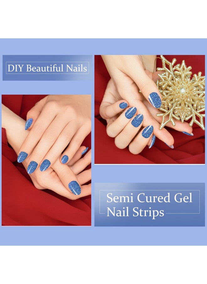 Semi Cured Gel Nail Strips, 28Pcs Blue Glitter Gel Nail Strips Need Uv Light, Gel Nail Stickers Full Nail Wraps For Women Girls Kids Diy, Includes Prep Pads, Nail File & Wood Stick