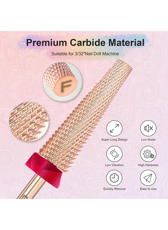 Super Long 5 In 1 Nail Drill Bits, 3/32'' Carbide Tungsten Bits, Two Way Rotate Professional Advanced Safety Bits For Nail, Fast Remove For Manicure Pedicure Cuticle Gel Polishing(F, Rose Gold)