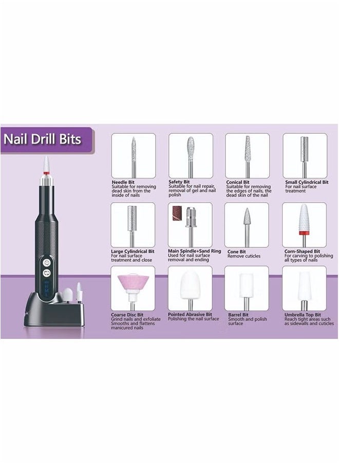 Cordless Nail Drill for Gel Manicures, Professional Electric Nail File for Salon and Home (Black)