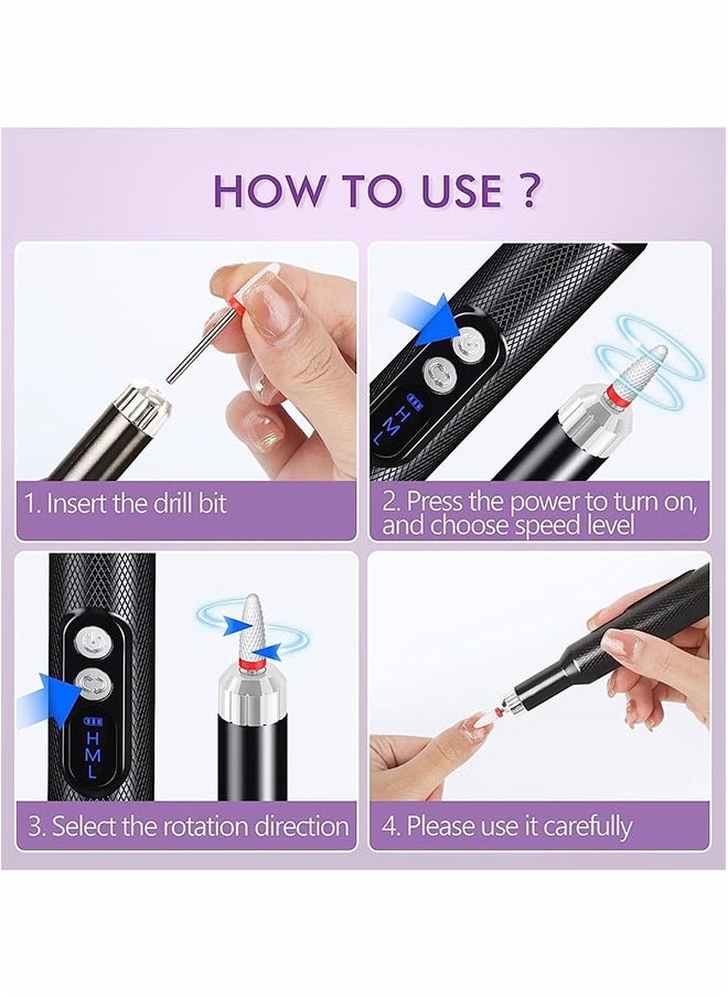 Cordless Nail Drill for Gel Manicures, Professional Electric Nail File for Salon and Home (Black)