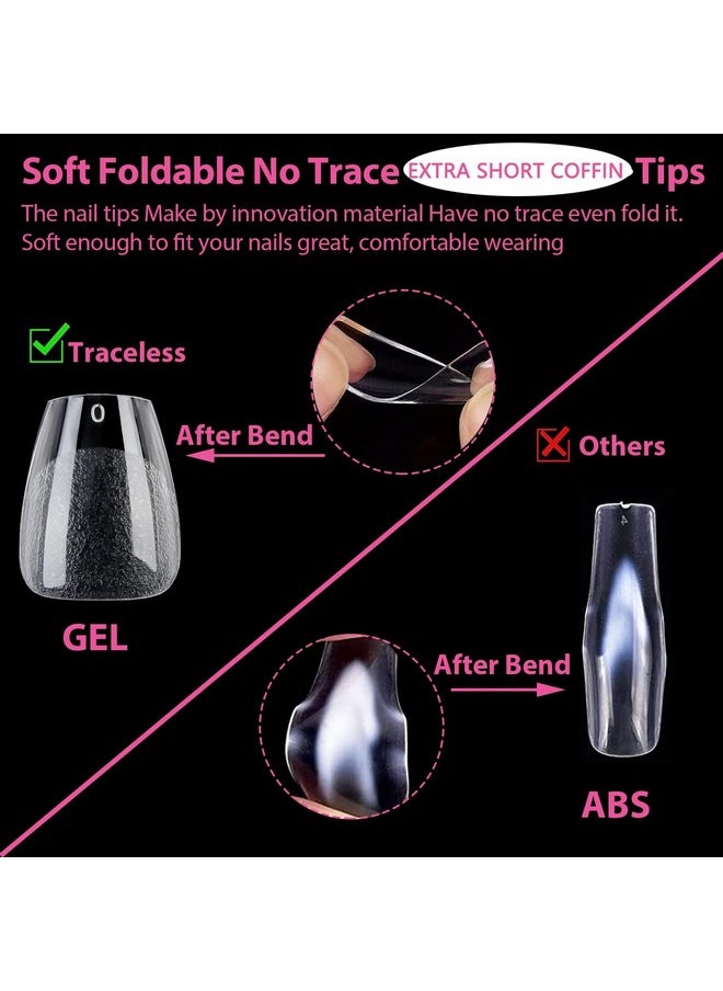 504Pcs Extra Short Gel X Nail Tips Coffin Shape - Pre Etched Glue On Fake Nails No C Curve For Women Acrylic Press On Nail Extension Full Cover At Home