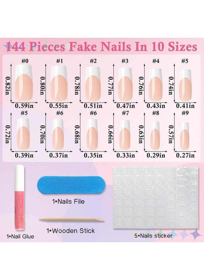 Long French Tip Press On Nails Square Fake Nails With Glue & Tabs, 144Pc White French Tips Glue On Nails Press On Nails Medium Long Fake Nails Square False Nail French Acrylic Nails Tips