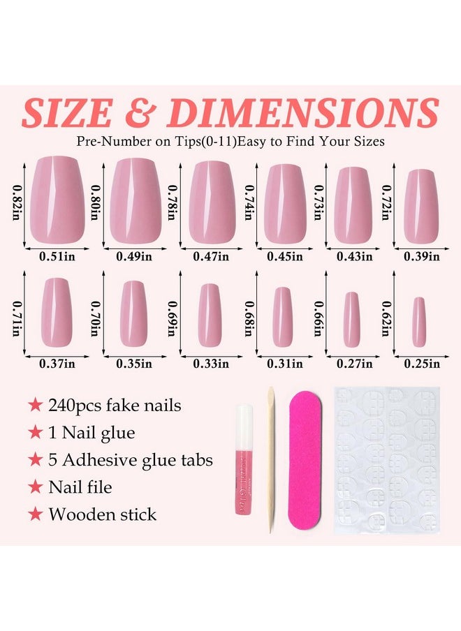 240Pc Coffin Press On Nails Medium Fake Nails Pink Glue On Nails Short Ballerina Coffin Nails Press Ons Acrylic Nails False Nails Full Cover Artificial Fingernails With Adhesive Tabs
