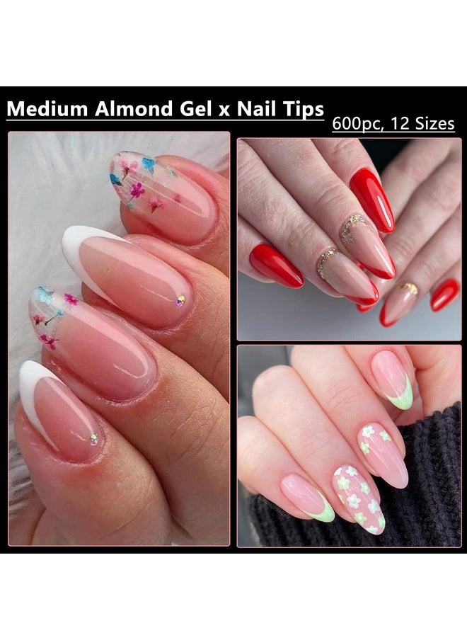 600Pc Medium Almond Gel X Nail Tips Clear Fake Nail Short Stiletto Soft Gel Nail Tips Full Cover False Nail Gel X Almond Nail Tips For Gel X Acrylic Nails Extension Press On Nails Making