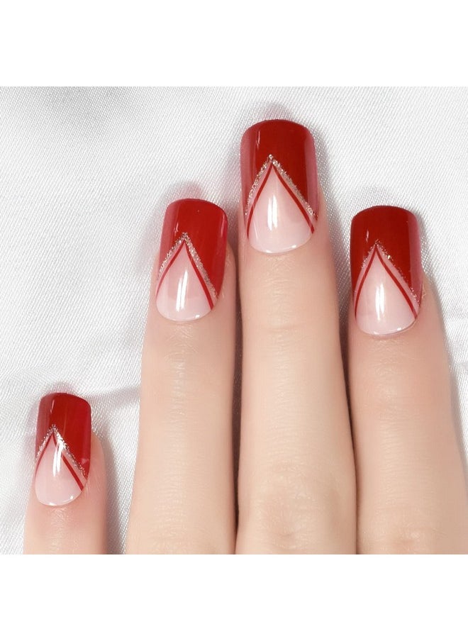 Medium Long Squoval False Nails Rose Red V Line Glitter Glossy Press On Nails Salon French Fake Nail Tips For Women Girls Diy At Home