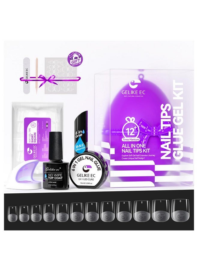 Gel X Nail Kit - 6 In 1 Milky White Uv Gel Glue 16Ml, No Wipe Top Coat Gel 8Ml, 528Pcs Short Square Nail Tips And Uv Lamp…