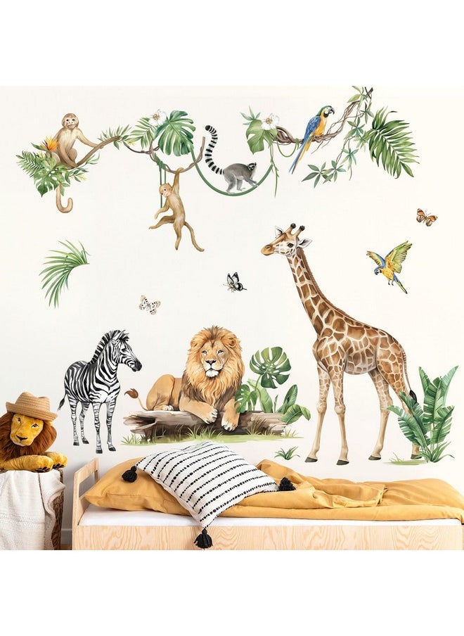 Large Jungle Animal Tropical Leaves Wall Decals Safari Tree Lion Giraffe Monkey Wall Stickers Baby Nursery Kids Bedroom Living Room Wall Decor