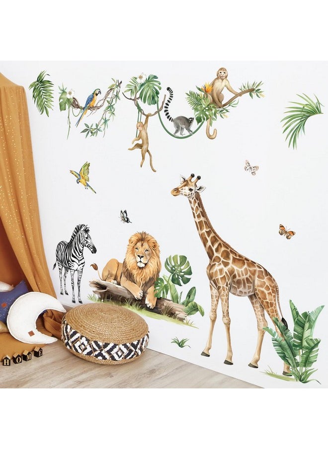 Large Jungle Animal Tropical Leaves Wall Decals Safari Tree Lion Giraffe Monkey Wall Stickers Baby Nursery Kids Bedroom Living Room Wall Decor