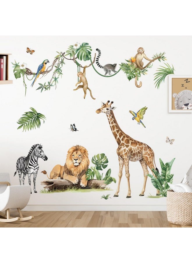 Large Jungle Animal Tropical Leaves Wall Decals Safari Tree Lion Giraffe Monkey Wall Stickers Baby Nursery Kids Bedroom Living Room Wall Decor