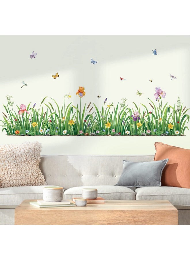 Green Grass Flower Wall Corner Decals Floral Butterfly Baseboard Skirting Line Wall Stickers Bedroom Living Room Wall Art Decor (Width:162Cm)