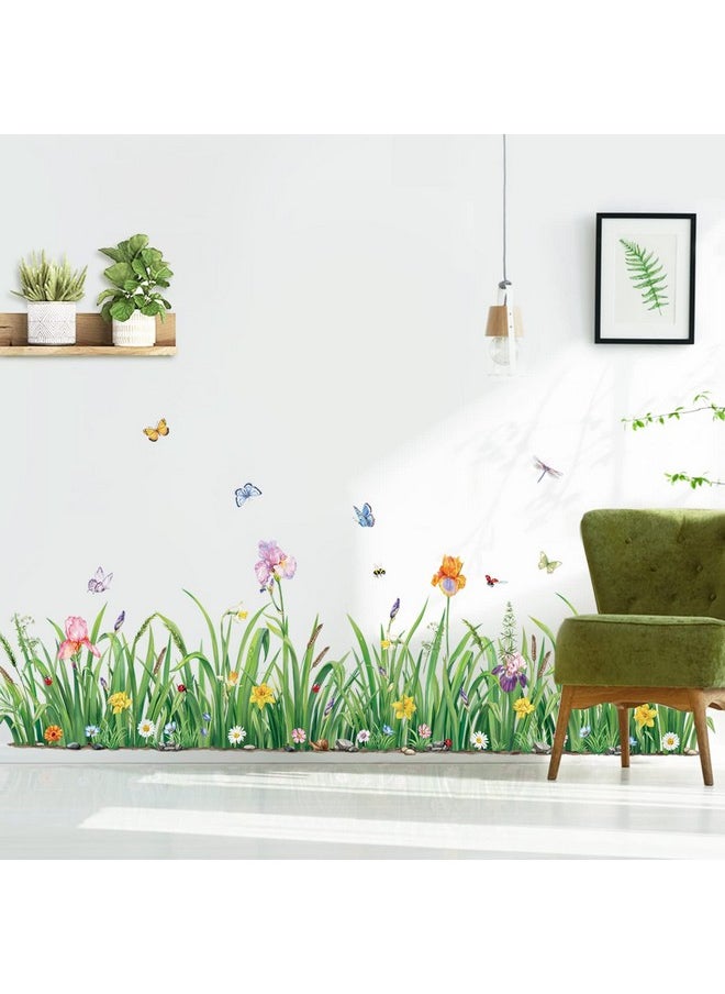 Green Grass Flower Wall Corner Decals Floral Butterfly Baseboard Skirting Line Wall Stickers Bedroom Living Room Wall Art Decor (Width:162Cm)