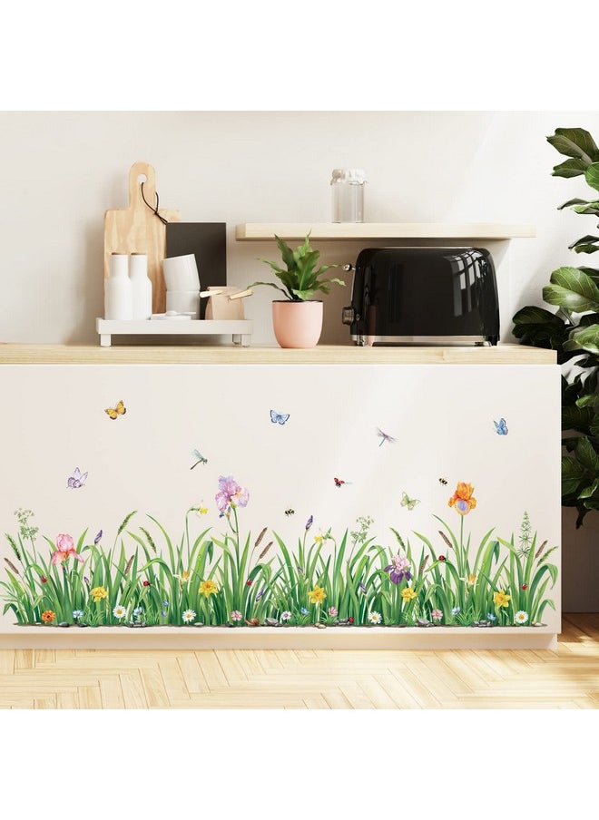 Green Grass Flower Wall Corner Decals Floral Butterfly Baseboard Skirting Line Wall Stickers Bedroom Living Room Wall Art Decor (Width:162Cm)