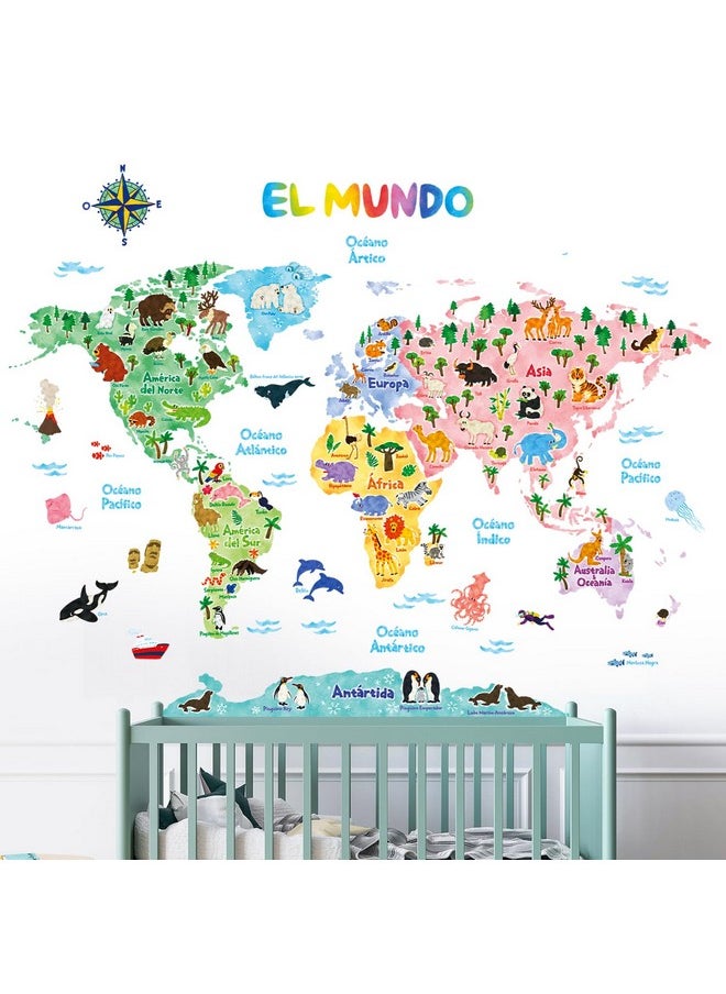 Sg2-1615Ses Spanish Animal World Map Kids Wall Stickers Decals Mapa Del Mundo Animal Peel And Stick Removable For Nursery Bedroom Living Room Art Murals Decorations