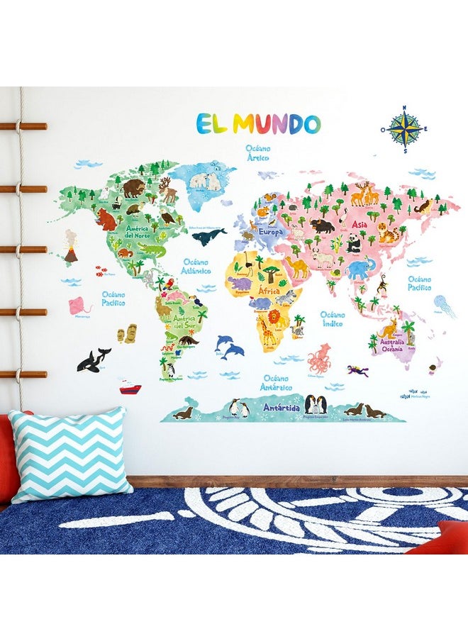 Sg2-1615Ses Spanish Animal World Map Kids Wall Stickers Decals Mapa Del Mundo Animal Peel And Stick Removable For Nursery Bedroom Living Room Art Murals Decorations