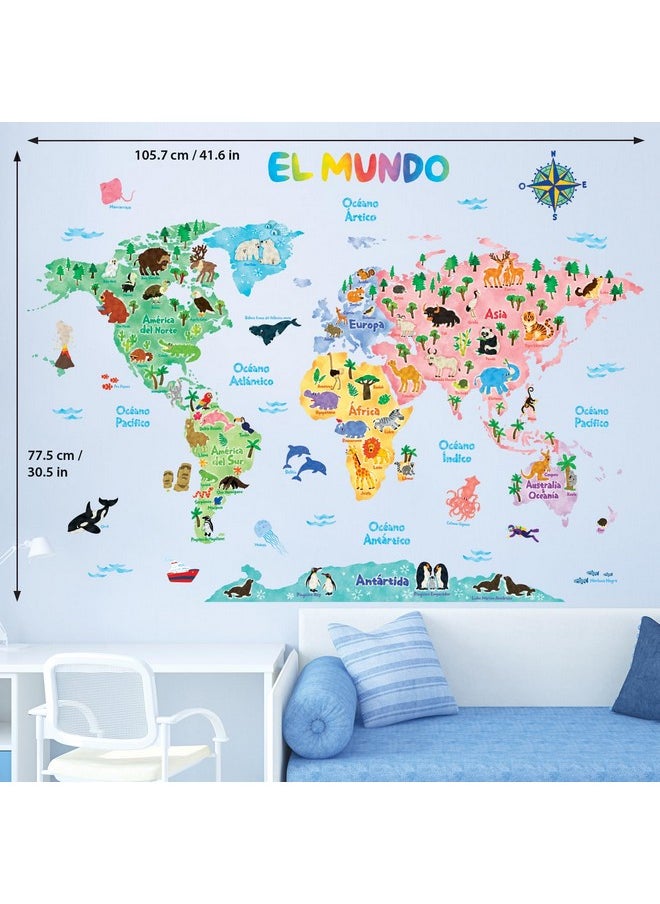 Sg2-1615Ses Spanish Animal World Map Kids Wall Stickers Decals Mapa Del Mundo Animal Peel And Stick Removable For Nursery Bedroom Living Room Art Murals Decorations