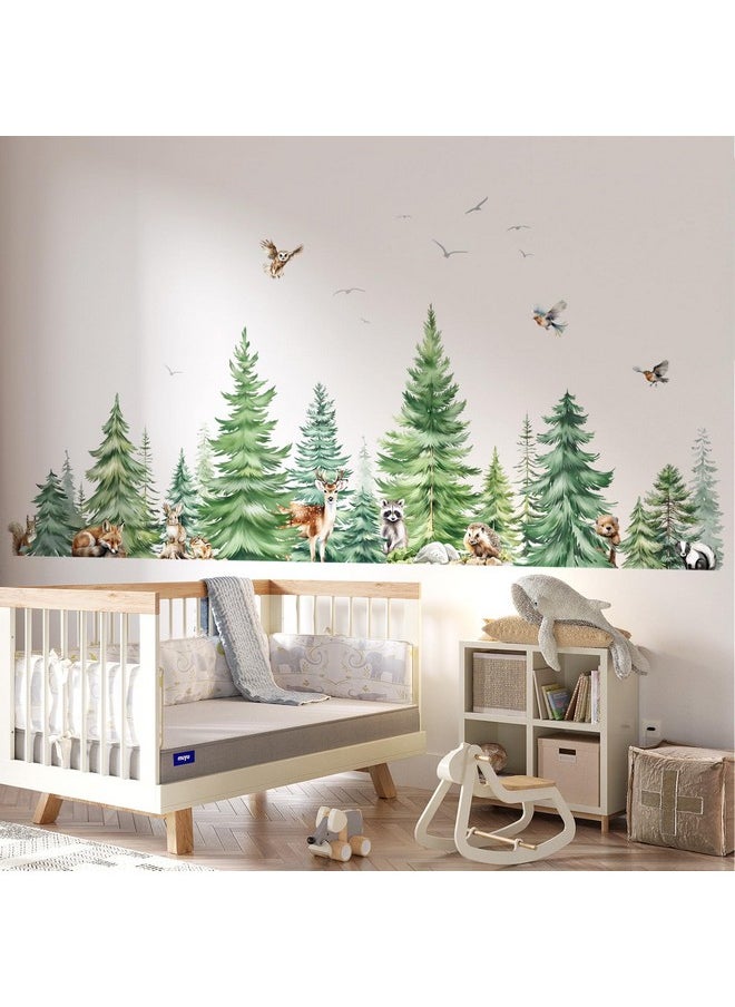 Large Watercolor Pine Tree Animals Wall Stickers Woodland Forest Tree Fox Deer Bear Wall Decals Baby Nursery Bedroom Living Room Wall Decor