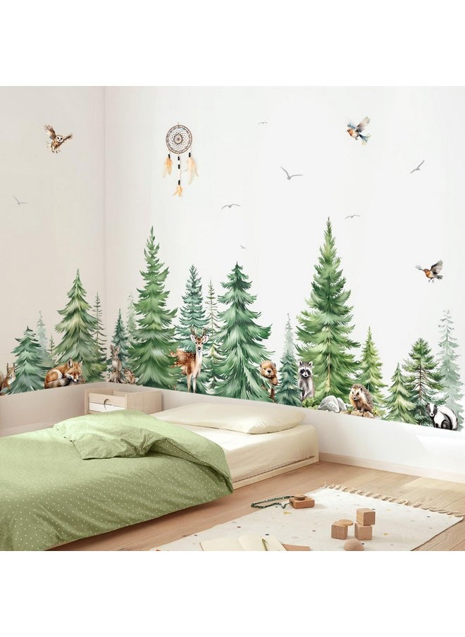 Large Watercolor Pine Tree Animals Wall Stickers Woodland Forest Tree Fox Deer Bear Wall Decals Baby Nursery Bedroom Living Room Wall Decor