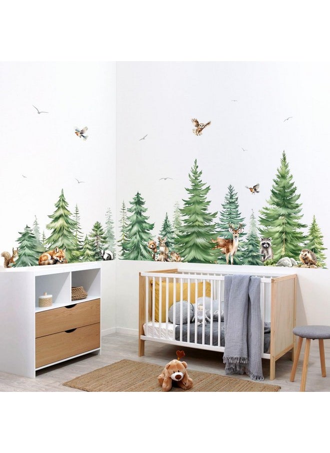 Large Watercolor Pine Tree Animals Wall Stickers Woodland Forest Tree Fox Deer Bear Wall Decals Baby Nursery Bedroom Living Room Wall Decor